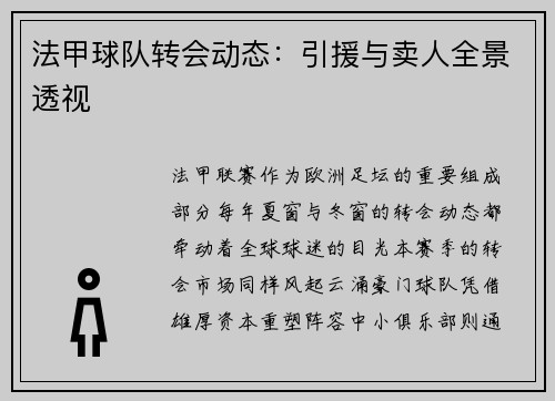法甲球队转会动态：引援与卖人全景透视